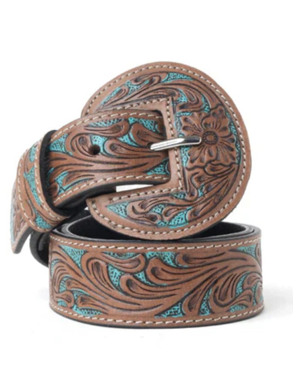 Western Wreath Leather Belt in Bronco Sky-Medium